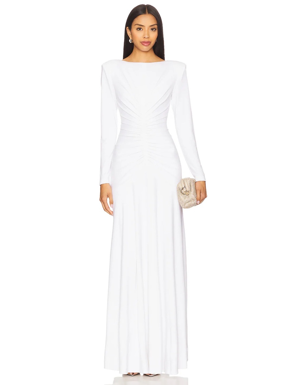 Et Ochs Thea Gown Elegant White Long Sleeve Ruched Maxi Dress